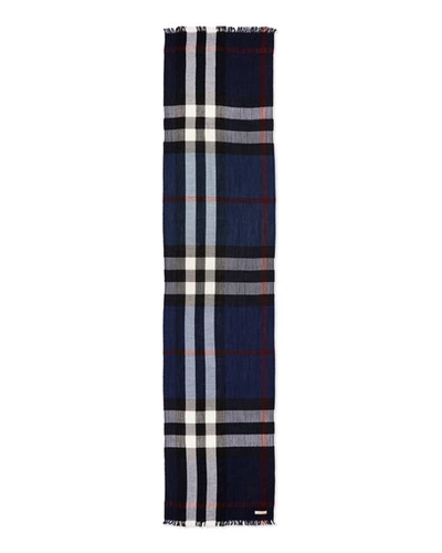 Burberry Men's Wool/cashmere Tricolor Check Lightweight Scarf, Navy