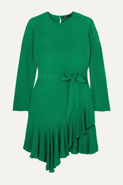 Maje Romea Asymmetrical Ruffle Hem Long Sleeve Dress In Green