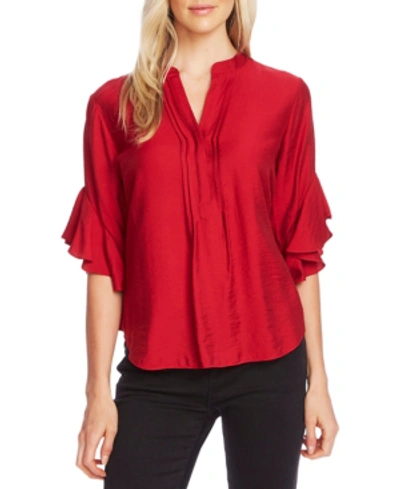 Vince Camuto Pintuck Detail Flutter Sleeve Rumple Satin Blouse In Tulip Red