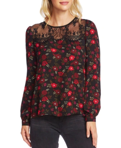 Vince Camuto Forest Bouquet Sheer Yoke Lace Trim Blouse In Rich Black