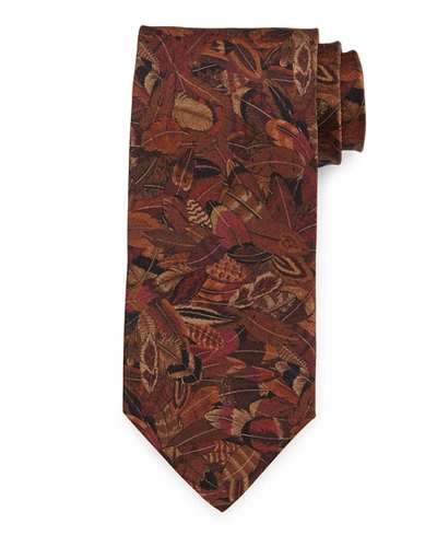 Ferragamo Plume-print Silk Tie, Magenta/mustard