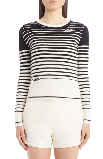 Valentino Striped Wool-cashmere Crewneck Sweater In Ivory/black