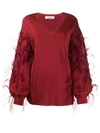 Valentino Ostrich Feather-sleeve V-neck Knit Sweater In Persian Red