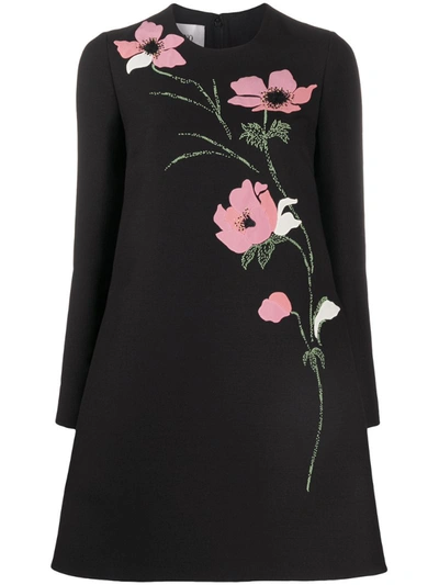 Valentino Beaded Floral Intarsia Long Sleeve Wool & Silk Minidress In Black