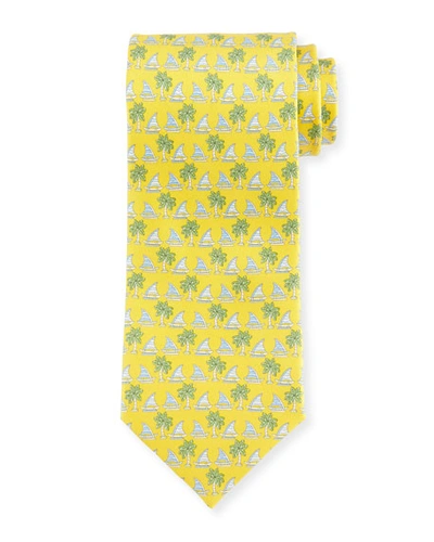 Ferragamo Sailboat & Palm Tree-print Tie, Yellow