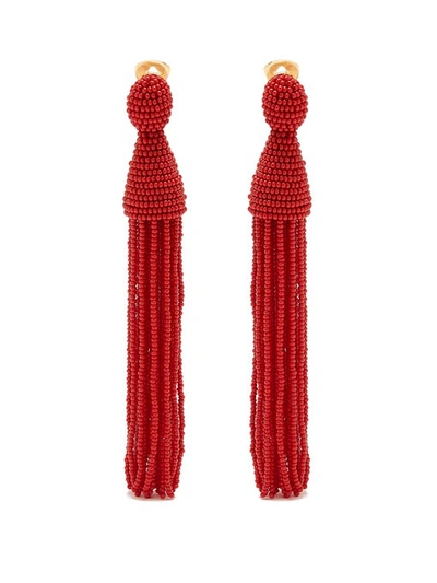 Oscar De La Renta Bead-embellished Tassel-drop Clip-on Earrings In Currant