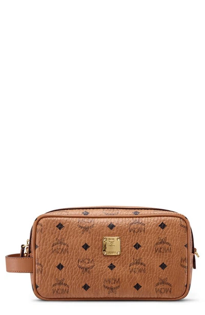 Mcm Visetos Coated Canvas Wash Bag In Cognac