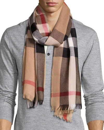 Burberry Men's Cashmere/wool-blend Lightweight Mega-check Scarf, Camel In Camello