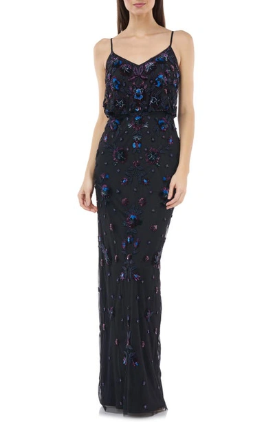 Js Collections Beaded Blouson Gown In Black Multi