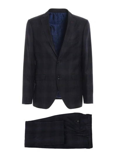 Etro Tartan Motif Wool Suit In Dark Blue