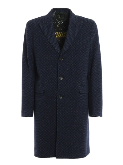 Etro Chevron Motif Wool Blend Coat In Dark Blue