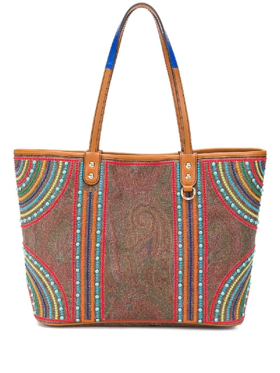 Etro Multi-color Beaded Paisley Shopping Tote In Brown