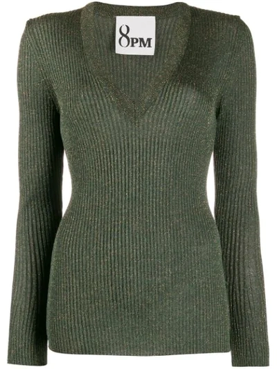 8pm Metallic Deep V-neck Jumper In Green