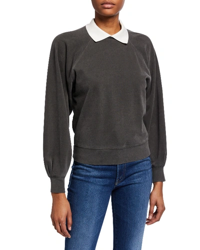 Amo Denim Collared Puff-sleeve Prep Sweatshirt In Black