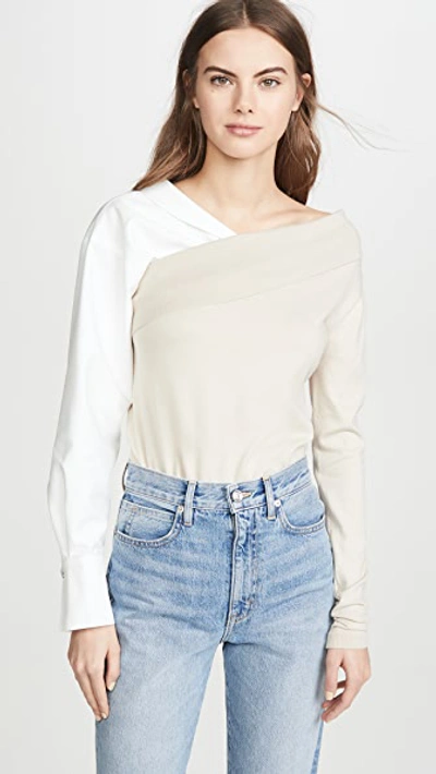 Adeam Two-way Knit Poplin-sleeve Sweater In Beige/ White