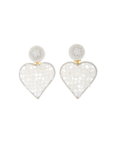 Oscar De La Renta Embellished Heart Clip Earrings In White