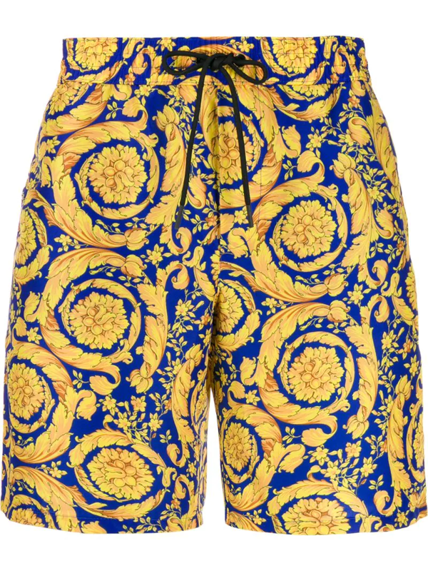 Versace Men's Long Baroque Swim Trunks In Blue | ModeSens