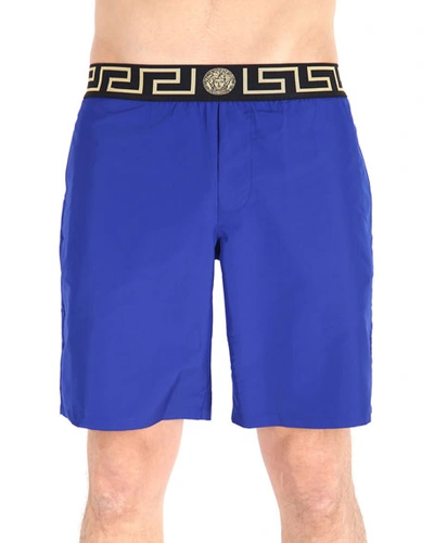 Versace Men's Solid Swim Trunks With Signature Waistband In Black