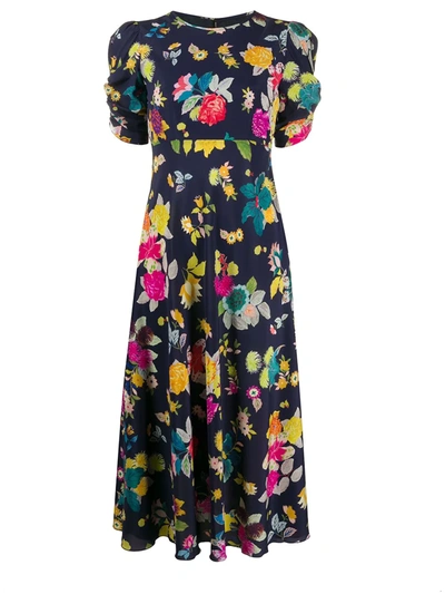 Etro Allover Exotic Floral-print Silk Dress In Navy Blue