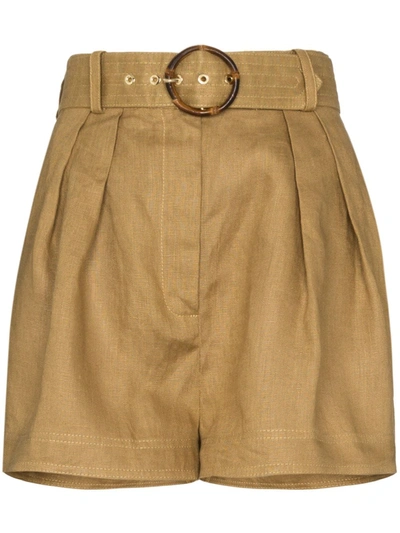 Zimmermann Super Eight Belted High-rise Linen Shorts In Khaki