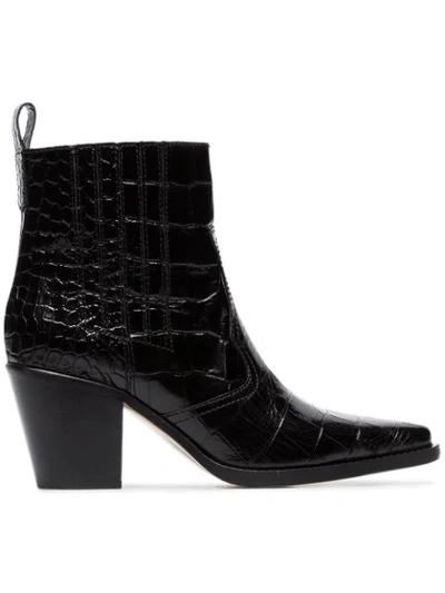 Ganni Croc Effect Ankle Boots - 黑色 In Black