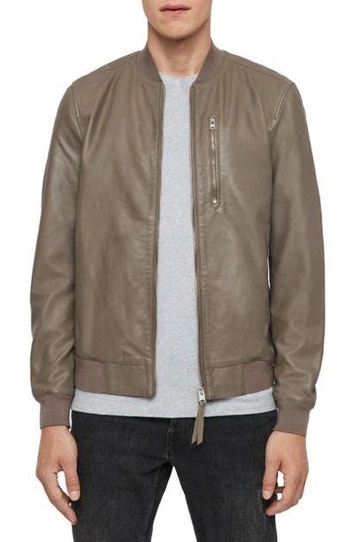 Allsaints Kino Leather Regular Fit Bomber Jacket In Warm Grey