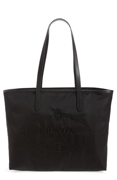 Prada Logo Embroidered Tote In Nero