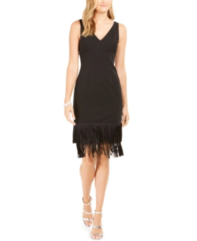 Adrianna Papell Ottoman Fringe Cocktail Dress In Black