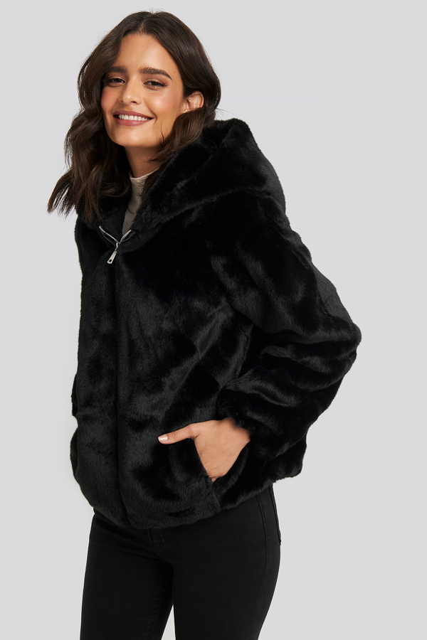 black fluffy jacket with hood