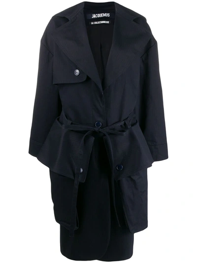 Jacquemus Le Manteau Bagli Belted Herringbone Cotton Trench Coat In Navy