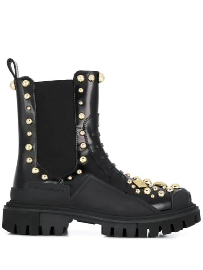 Dolce & Gabbana Polished Calfskin Combat Boots With Studded Embroidery In Black