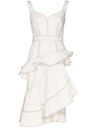 Alexander Mcqueen Contrast Stitch Denim Ruffle Midi Dress In White