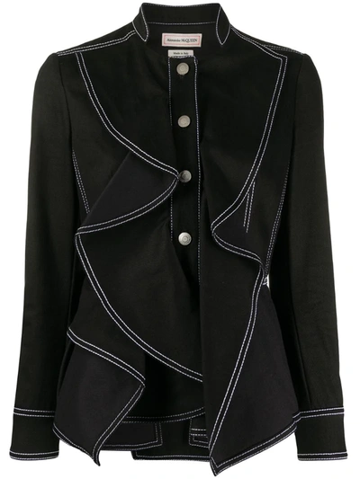 Alexander Mcqueen Contrast-stitched Peplum Jean Jacket In Black