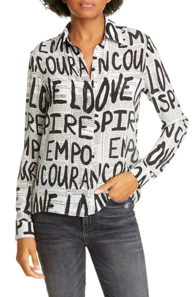 Alice And Olivia Willa Slogan Print Silk Shirt In Newspaper