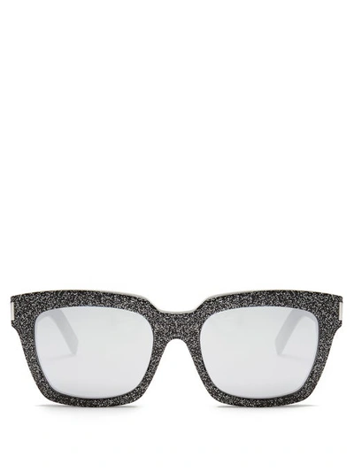 Saint Laurent Devon Glittered Acetate Rectangular Sunglasses In Black And Silver