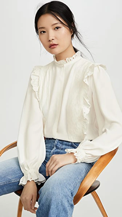 Joie Cheyenne Plissé Ruffle Lace Eyelet-trim Blouse In Porcelain