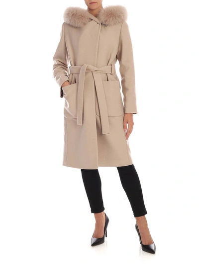 Fay Beige Coat With Hood And Fur