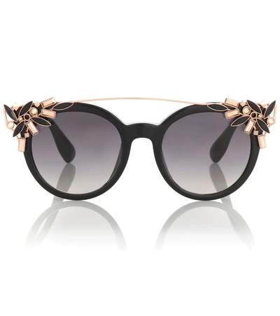 Jimmy Choo Vivy Black And Gold Round Framed Sunglasses With Detachable Jewel Clip On In Dark Grey Shaded