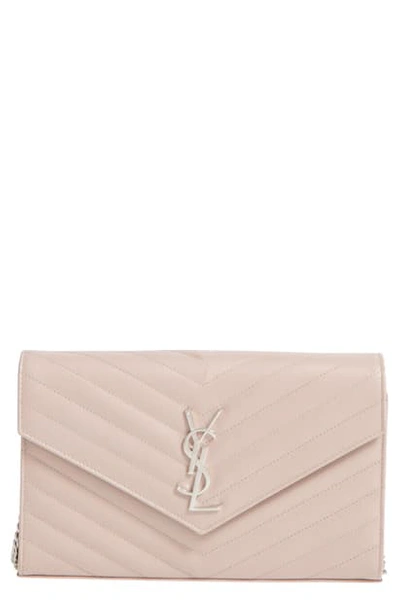 Saint Laurent Monogram Large Grain De Poudre Calfskin Wallet On Chain In Marble Pink