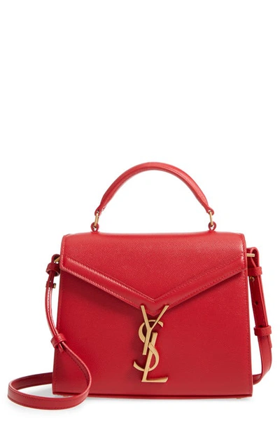 Saint Laurent Cassandra Mini Grain De Poudre Leather Top-handle Bag In Rouge Eros