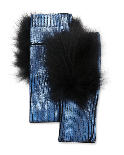 Jocelyn Metallic Fingerless Gloves W/ Fox Fur Trim In Navy