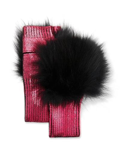 Jocelyn Metallic Fingerless Gloves W/ Fox Fur Trim In Hot Pink