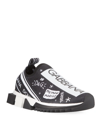 Dolce & Gabbana Men's Sorrento Graffiti Knit Trainer Sneakers In Black/white