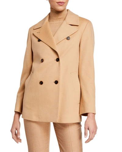 Agnona Cashmere Double-breasted Pea Coat In Camel