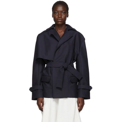 Jacquemus Carini Asymmetrical Storm Flap Trench Jacket In Navy