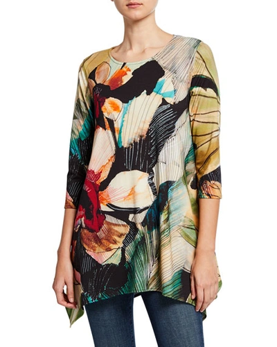 Caroline Rose Petite Autumn Hues Abstract 3/4-sleeve Stretch Knit Swing Tunic In Multi/black