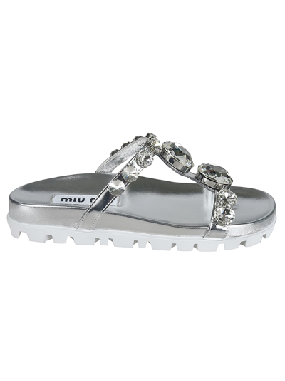 Miu Miu T-bar Crystal-embellished Sandals In Silver
