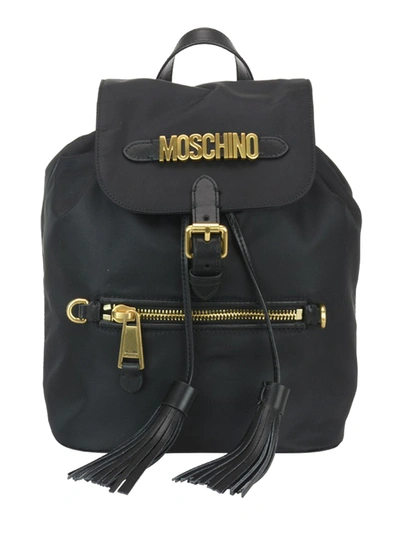 Moschino Gold-tone Logo Fabric Backpack In Black