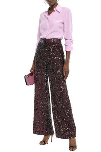 Victoria Victoria Beckham Sequined Crepe De Chine Wide-leg Pants In Burgundy