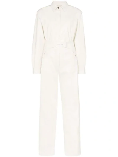 Off-white Long Sleeve Belted Leather Jumpsuit In Neutrals
